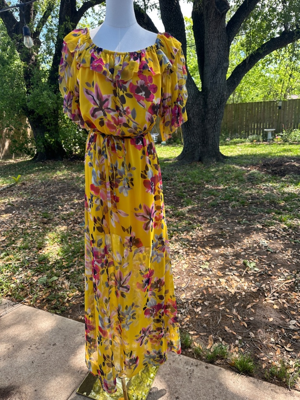 French Connection Yellow Floral Maxi Dress with Pink & Green Accents